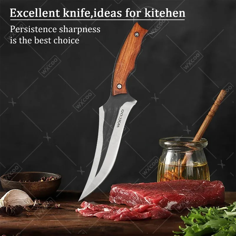 WXCOO Hand-Forged Kitchen Knife Multifunctional Boning Meat Cleaver Knife Stainless Steel Fruit Slicing BBQ Knife with Sheath