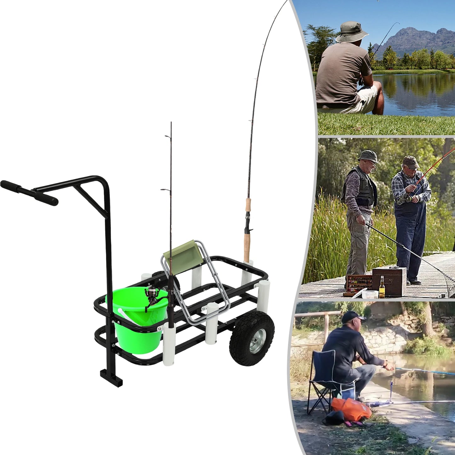 Fishing Cart, Durable High-carbon Steel, 198.42lbs Load Capacity,7 Rod Holders, Large Frame for Fishing Gear, Comfortable Handle