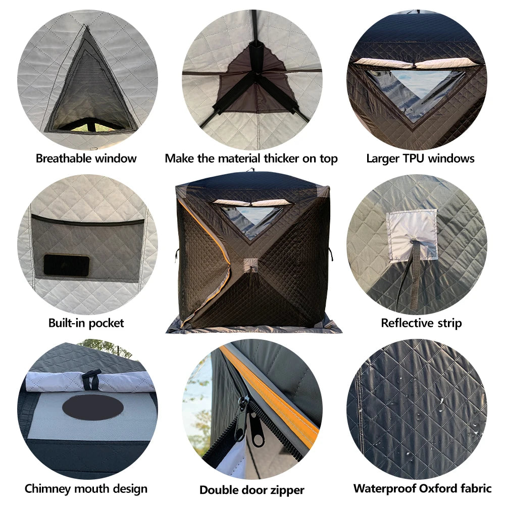 4 Person Ice Fishing Tent, Windproof Insulated Cotton Shelter with Quick Setup, Portable Thickened Warm Winter Tent for Outdoor