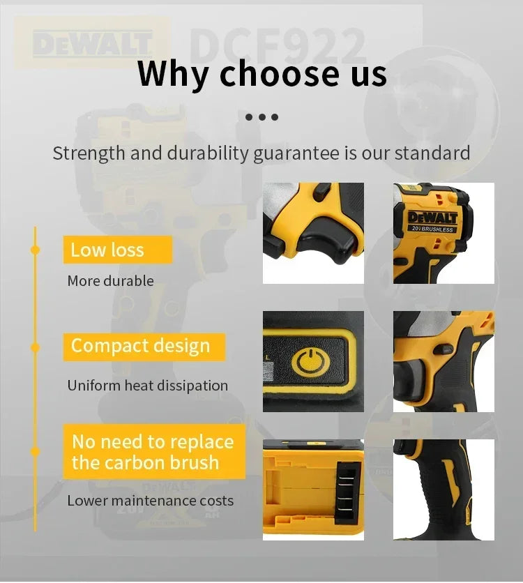 DEWALT DCF922 Wireless Impact Wrench Rechargeable High Torque 406Nm(Reverse) 1/2" 2500 PRM Universal 20V Battery Power Tools