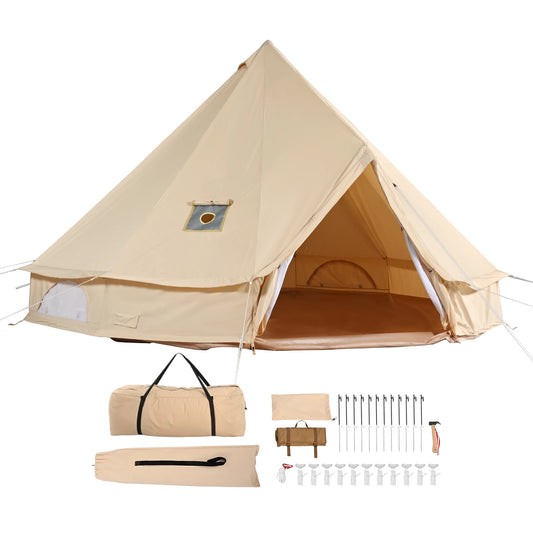 SucceBuy Canvas Bell Tent 4 Seasons 13.12 ft Yurt Tent Canvas Tent for Camping with Stove Jack Breathable Tent Holds 6 People