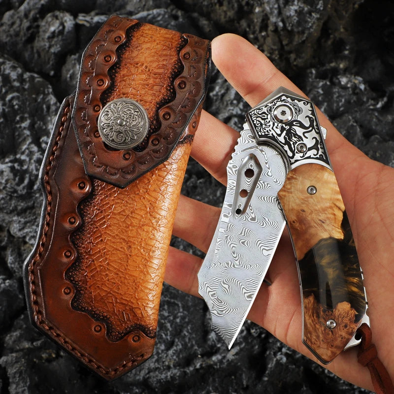High Quality Men's Folding Pocket Knife,Damascus Steel Camping Folding Knife with Sheath,Outdoor Camping Hunting EDC Knife