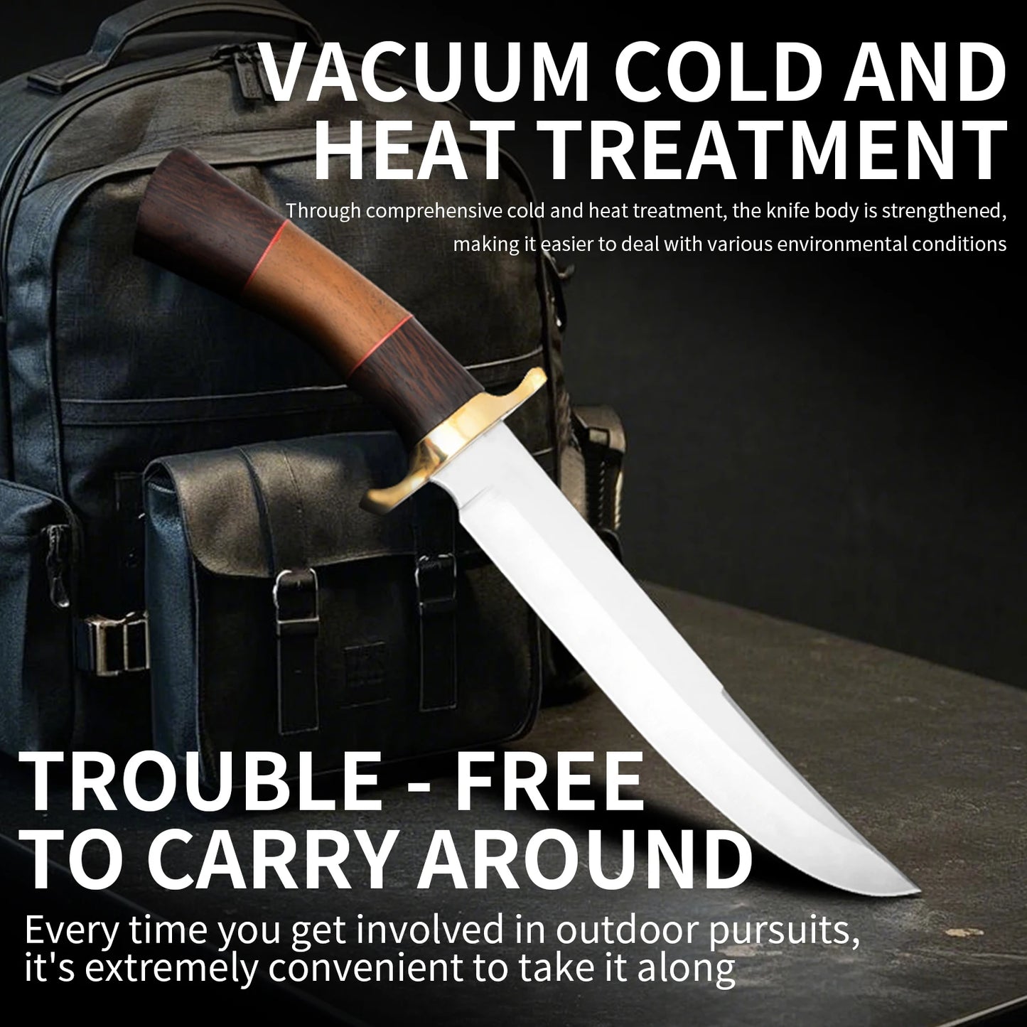 Jungle survival knife with stainless steel straight blade, designed for tropical rainforest survival gear