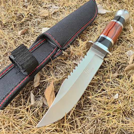 60HRC Stainless Steel Fixed Blade Tactical Hunting Knife - Outdoor Survival & Camping Tool with Ergonomic Wood/Aluminum Handle &