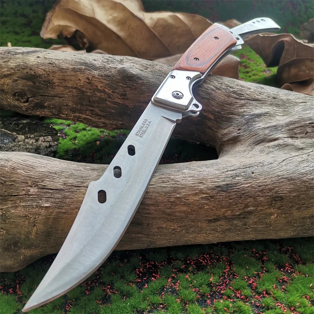 Heavy-Duty 8CR15MOV Folding Knife with Wood Handle: Tactical Tool for Outdoor Hunting, Camping & EDC